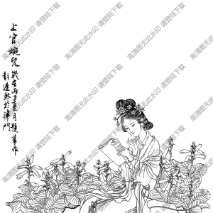 玉簪花神線描畫底稿高清大圖下載