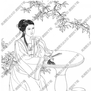 古代女子《含芳秋月》線描畫底稿高清大圖下載