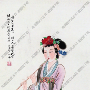 胡也佛國(guó)畫 撫笛仕女圖 高清大圖下載