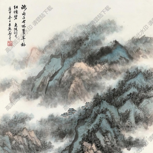 俞子才國(guó)畫(huà) 微雨翠阜 高清大圖下載